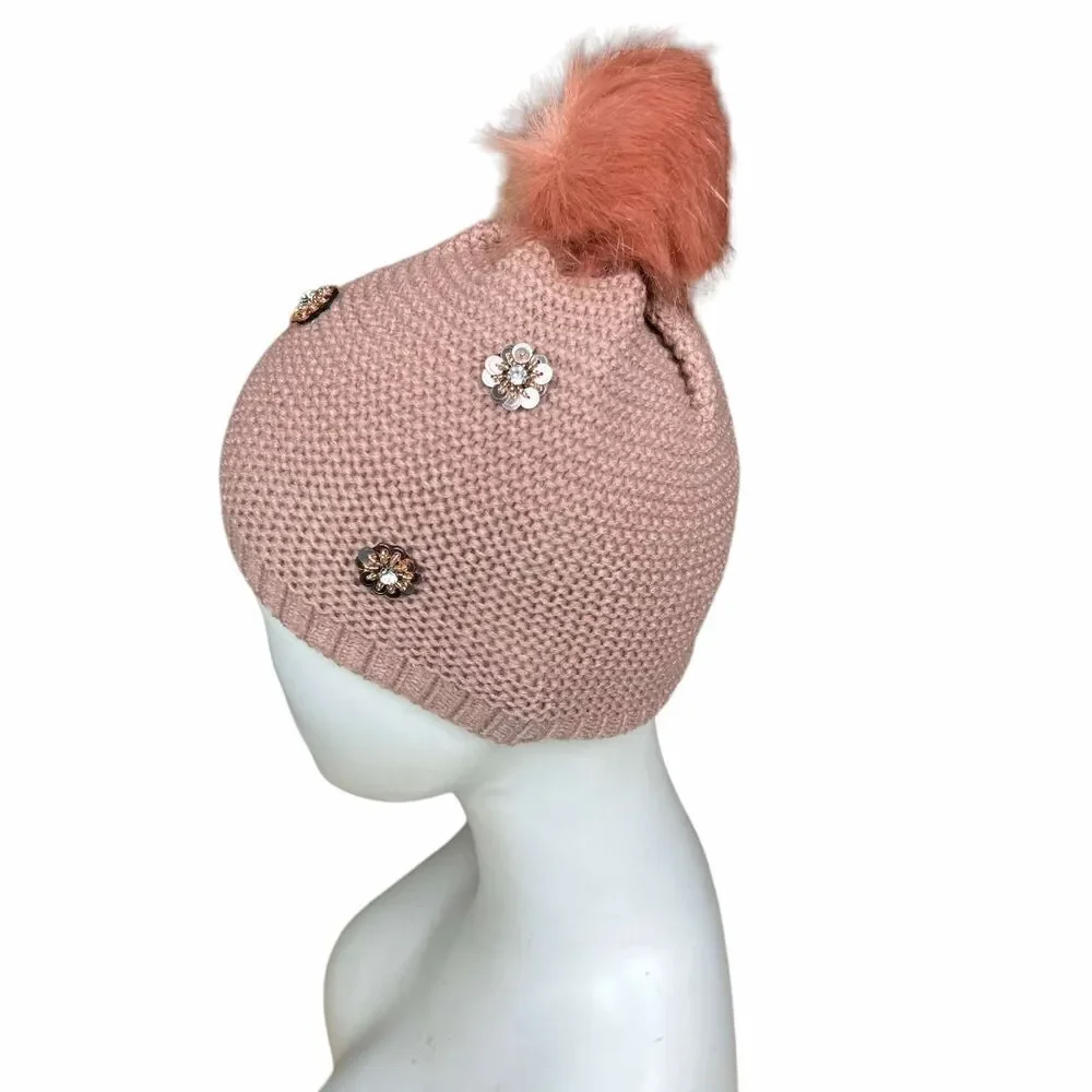 Neiman Marcus Hat Pom Beanie Pink Tan Blush Floral Embellished Bling One Size